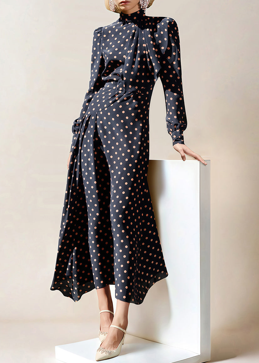 VCSHOES Navy Zippered Dot High Waist Chiffon Long Dress Fall