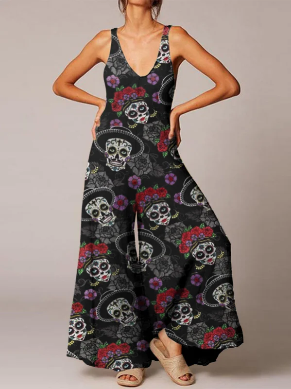 Skull rose casual loose wide-leg jumpsuit