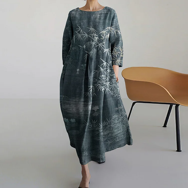 Comstylish Vintage Bamboo Print Long Sleeve Casual Midi Dress