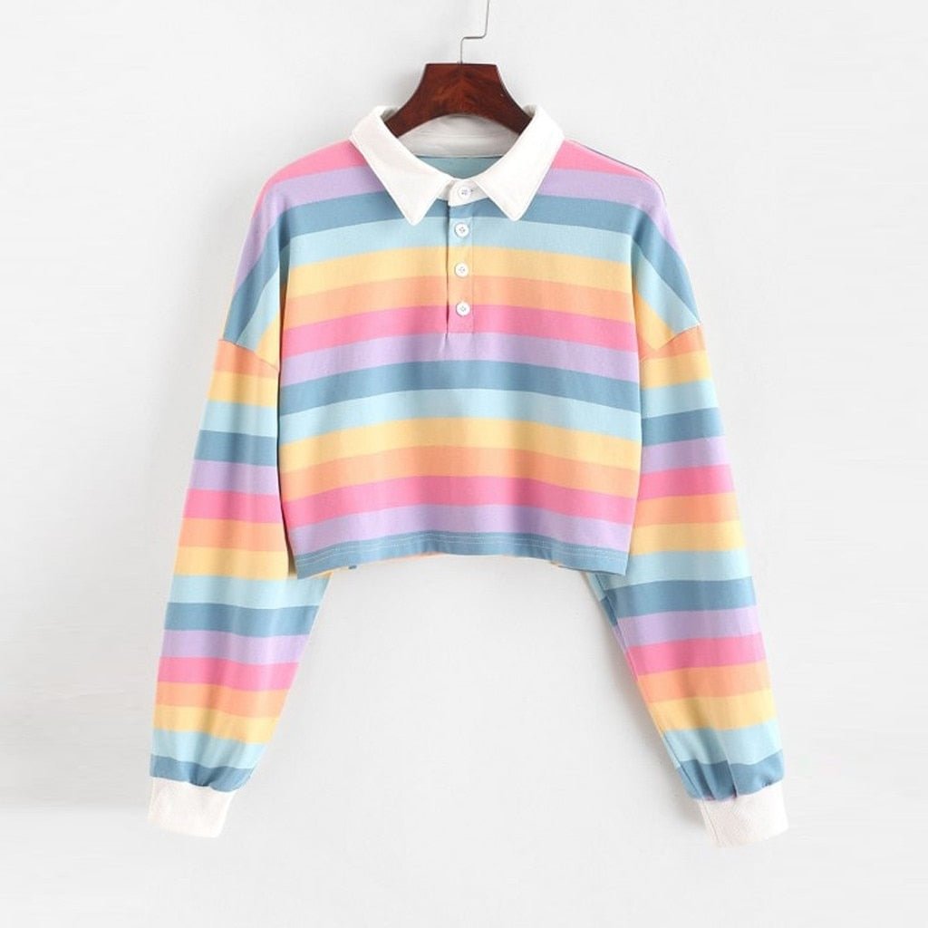 Fashion Winter Women Rainbow Striped Hoodies Pullover Sweatshirts Harajuku Long Sleeve Hoody Female Autumn Crop Tops Basic Tops