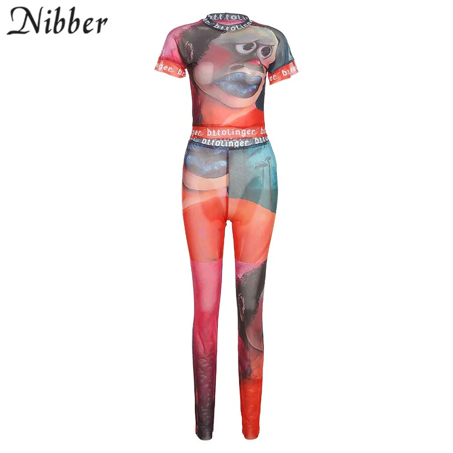 Nibber Y2K Fashion Street Art Print Stitching Two-Piece Sets Short-Sleeved Top + Slim Pants For Women Out Club Commuting Outfits