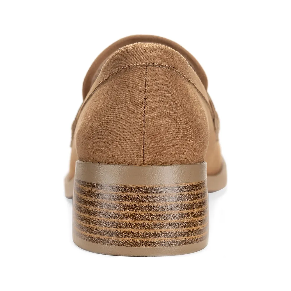 Tan Round Toe Slip On Block Heel Faux Suede Loafers Women
