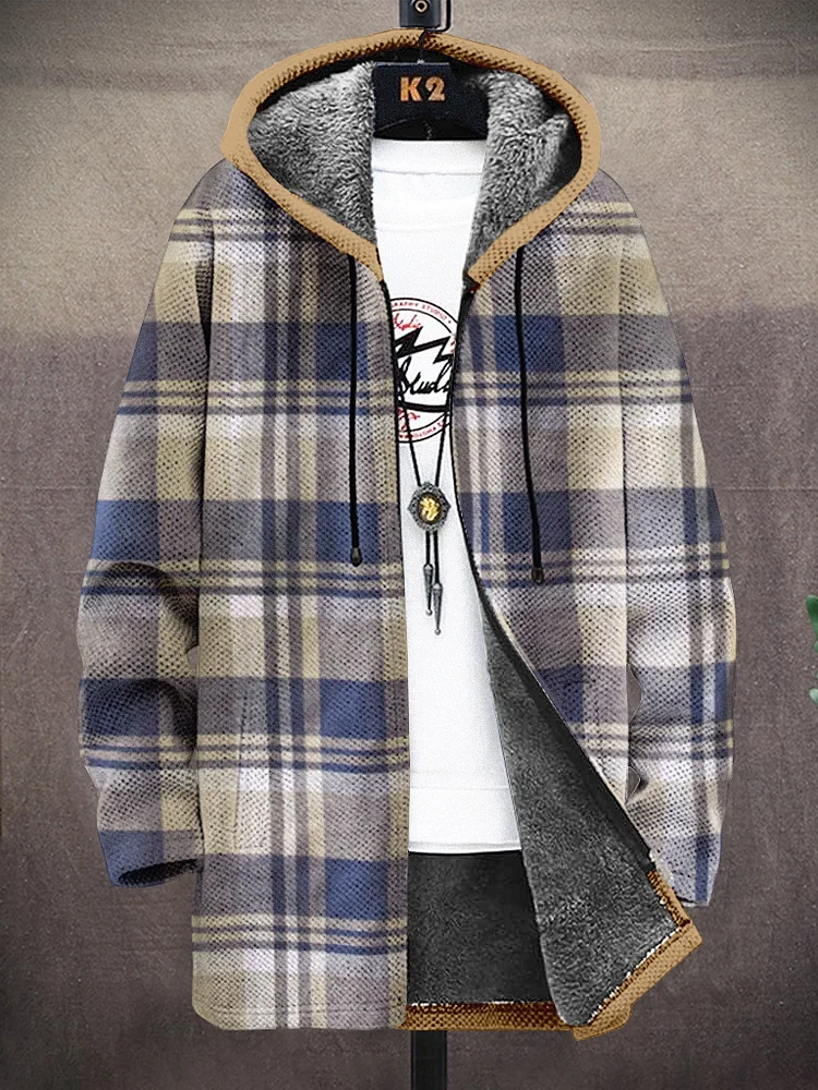 Men's Plaid Print Winter Fleece Lined Hooded Trench Coat