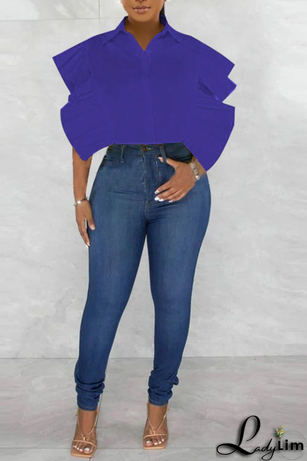 Rose Red Casual Solid Patchwork Buckle Flounce Turndown Collar Tops