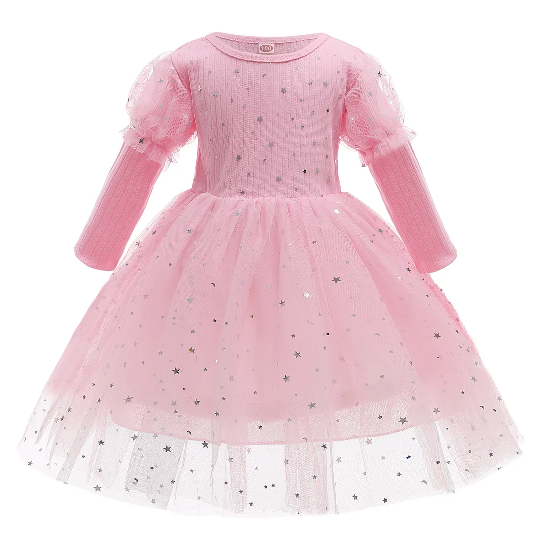 Buzzdaisy Gradient Princess Dress For Girl Round Collar Star Mini Dress Long Sleeve Breathable Cotton Party