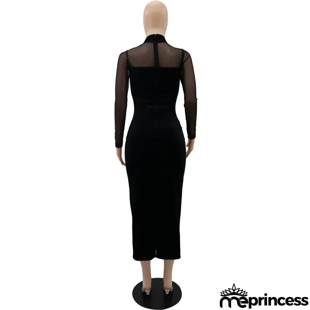 Long Sleeve Chic Mesh Patchwork Fit Women's Long Sleeve Midi Bodycon Dress