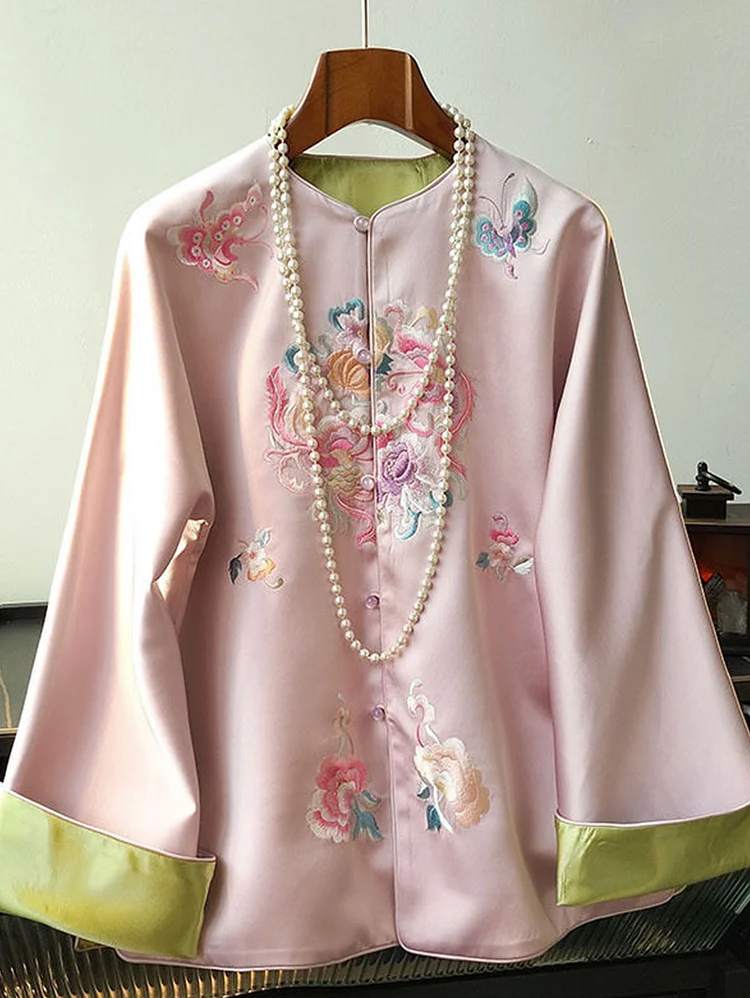 Ethnic Plain Embroidery Flared Sleeve Two Ways Loose Shirt