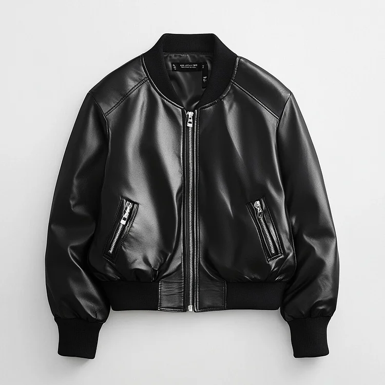 Ursime Stand Collar Pocket Zip Up PU Leather Bomber Jacket