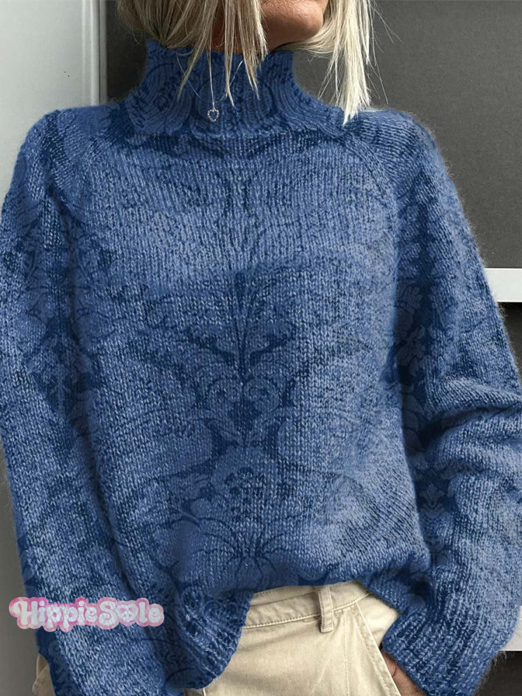 Women’s Lovely Floral Art Print Knit Turtleneck Pullover Sweater Blue / S