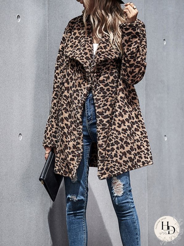 Coats Faux Fur Woolen Leopard Coat for Women