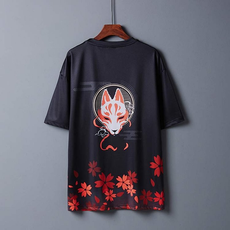 Vintage Sakura Fox Crane Print Casual T-Shirt - Modakawa modakawa