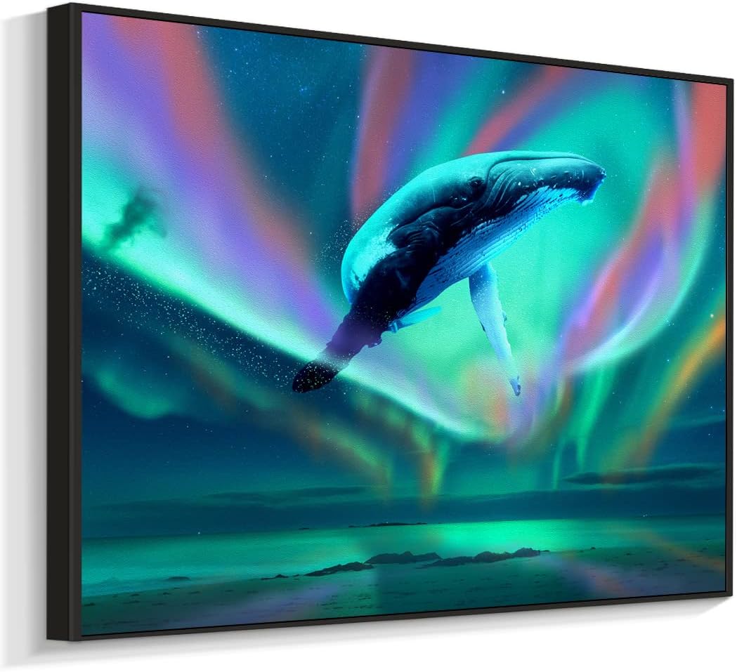 shine shone art Framed Nature Sea Beach Canvas Print Scenery Wall Art Landscape Aurora Modern Artwork Picture for Living Room Bedroom Wall Painting Decoration (Polar lights_Whale, 24 inch x16 inch ) The Sea-16