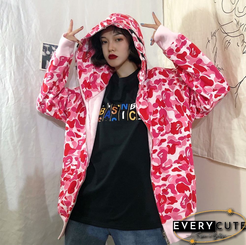 Autumn & Winter New Fashion Brand Camouflage Shark Head Couple Loose Hooded Coat Sweater