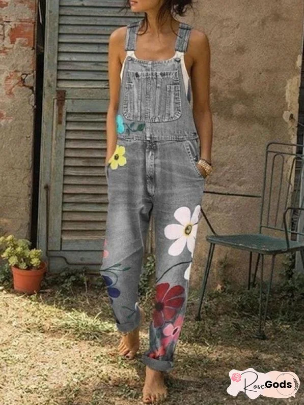 Jumpsuits Printed Sling Pockets Denim Jumpsuit for Women