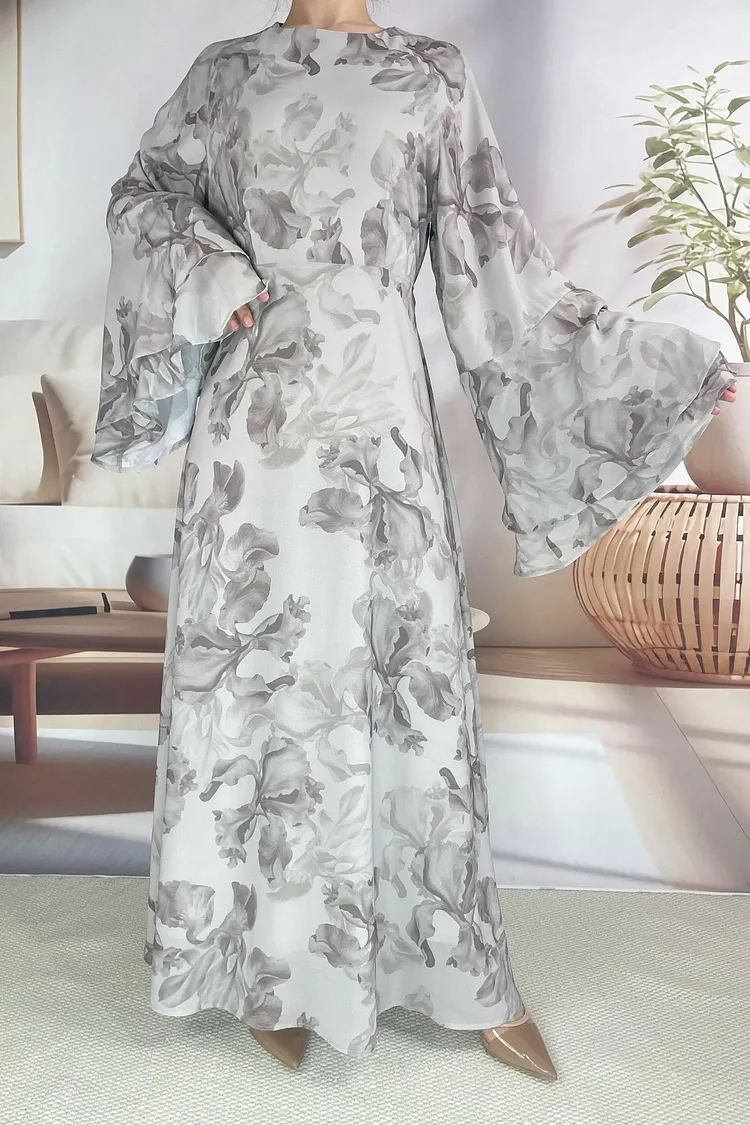 Chiffon Floral Print Layered Flare Chiffon Flared-Sleeve Dress