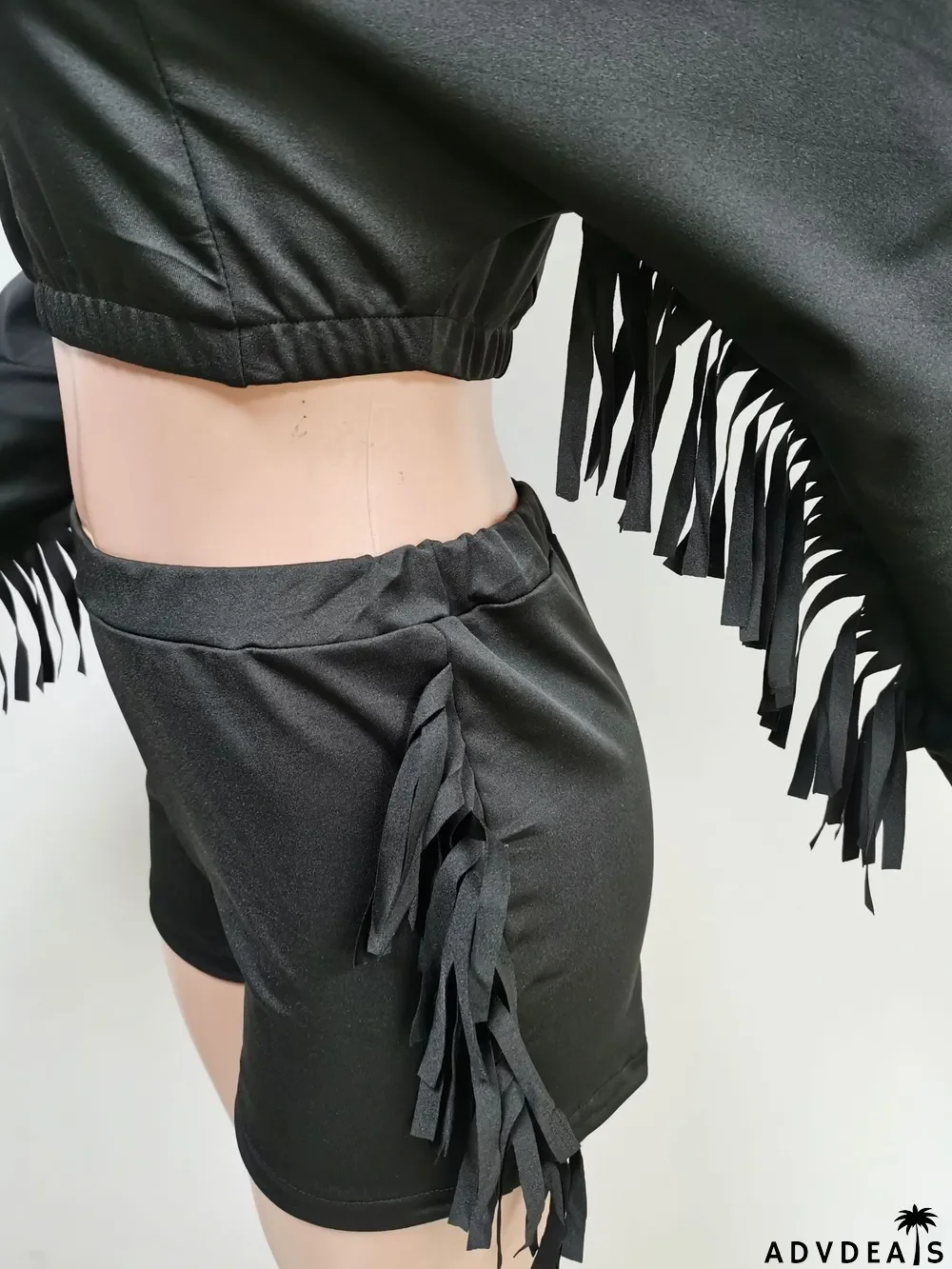 Pure Color Tassels Hooded Shorts Two-piece Suit