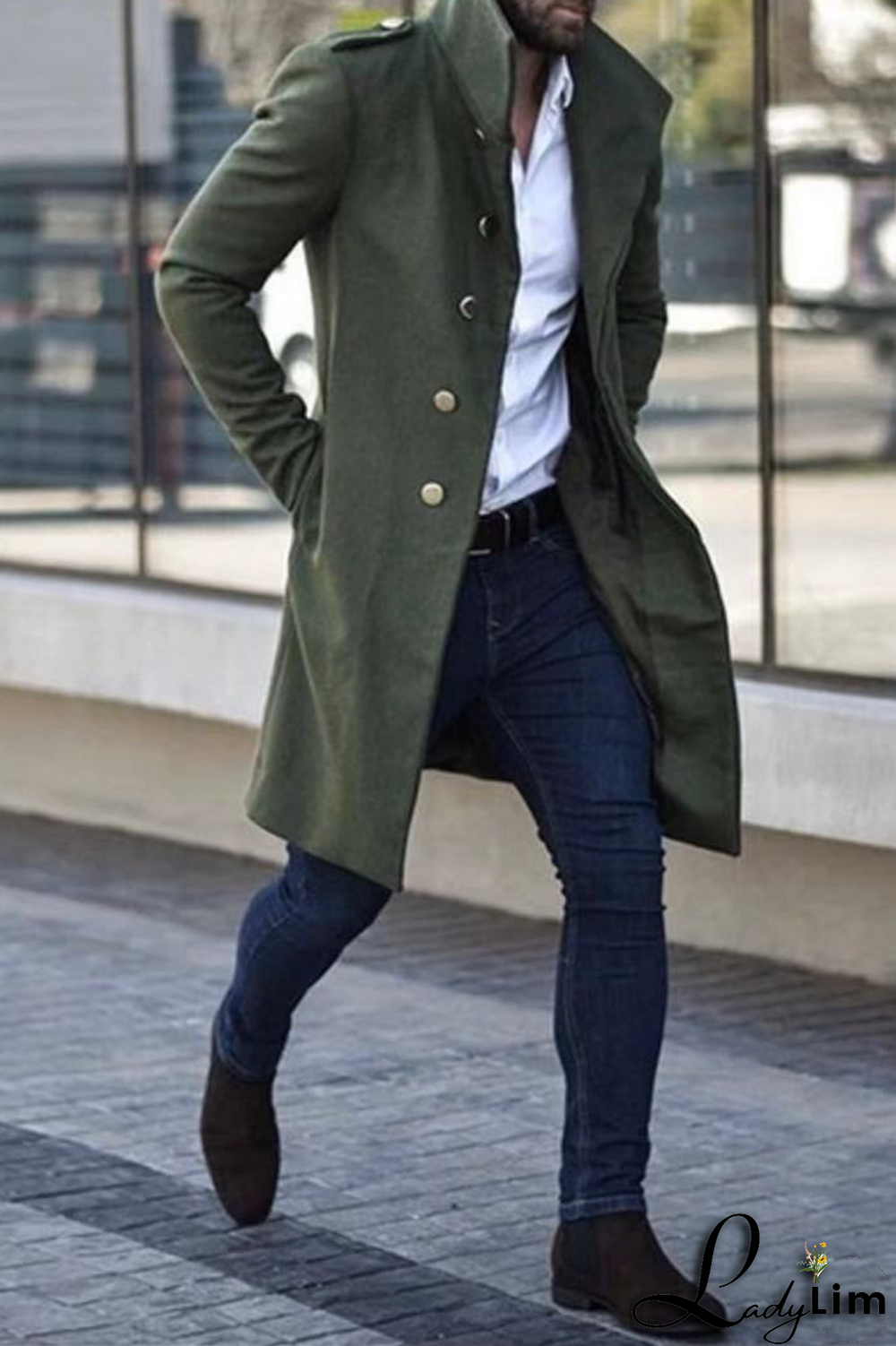 Light Gray Casual Solid Pocket Buckle Mandarin Collar Outerwear