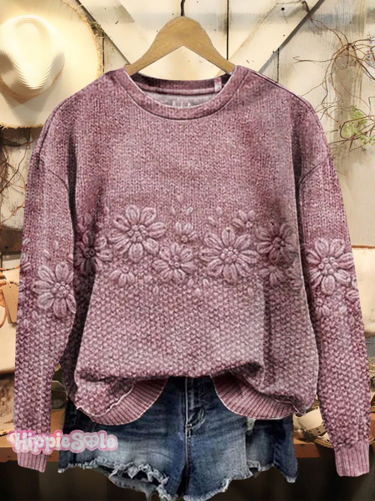 Women’s Floral Texture Art Print Pattern Knit Pullover Sweater Pink / S