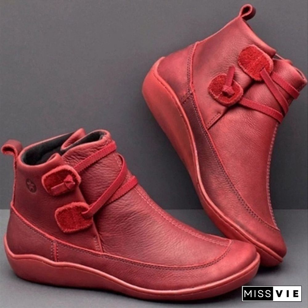 Women's Braided Strap Flat Heel All Season Boots Waterproof Leather Comfortable Flat Heel Boots Round Toe Ankle Boots