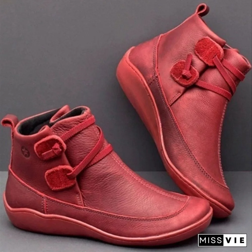 Women's Braided Strap Flat Heel All Season Boots Waterproof Leather Comfortable Flat Heel Boots Round Toe Ankle Boots