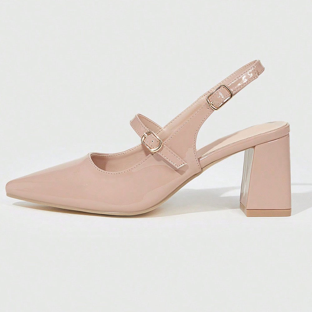 Nude Pointed Toe Block Heel Mary Jane Slingback Pumps Nicepairs