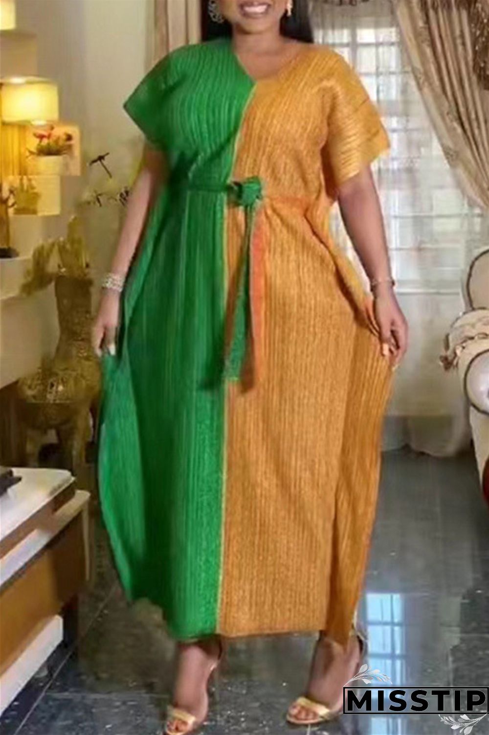 Green Casual Solid Patchwork V Neck Long Dress Dresses