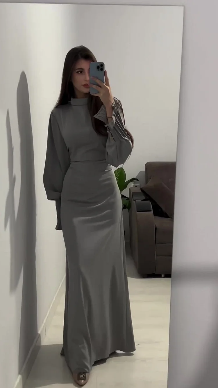 Turtle Neck Pleated Cuffs Long Sleeve Royal Satin Maxi Dress
