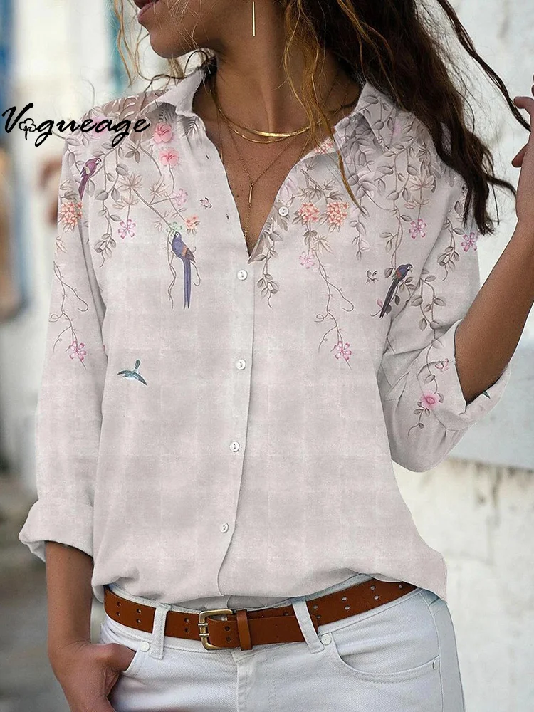 Loose Lapel Single-Breasted Elegant Ladies Long-Sleeved Printed Shirt