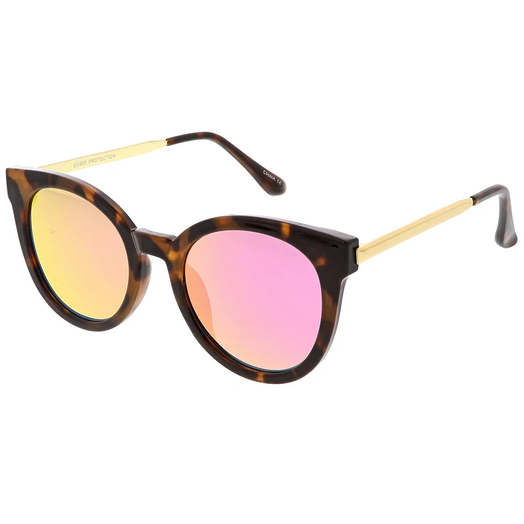 Classic Horn Rimmed Cat Eye glasses Round Color Mirrored Flat Lens 53mm