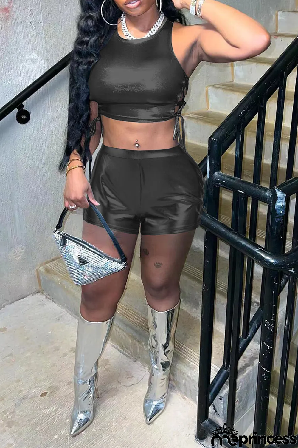 Blue Sexy Solid Bronzing Draw String O Neck Sleeveless Two Pieces