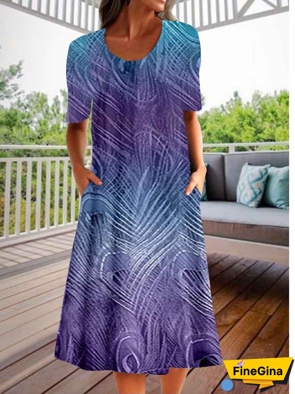 Women Short Sleeve Scoop Neck Printed Gradient Midi Dress