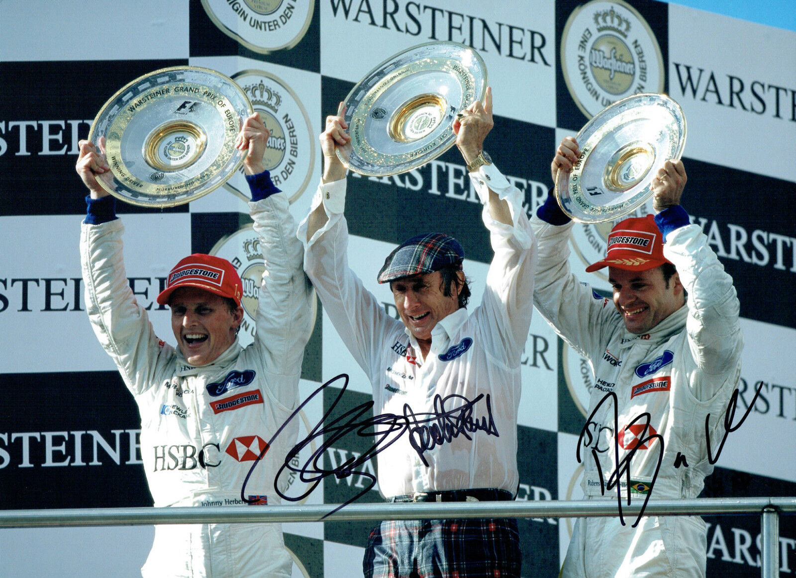 HERBERT STEWART & BARRICHELLO MULTI Autograph SIGNED RARE 16x12 Photo Poster painting AFTAL COA