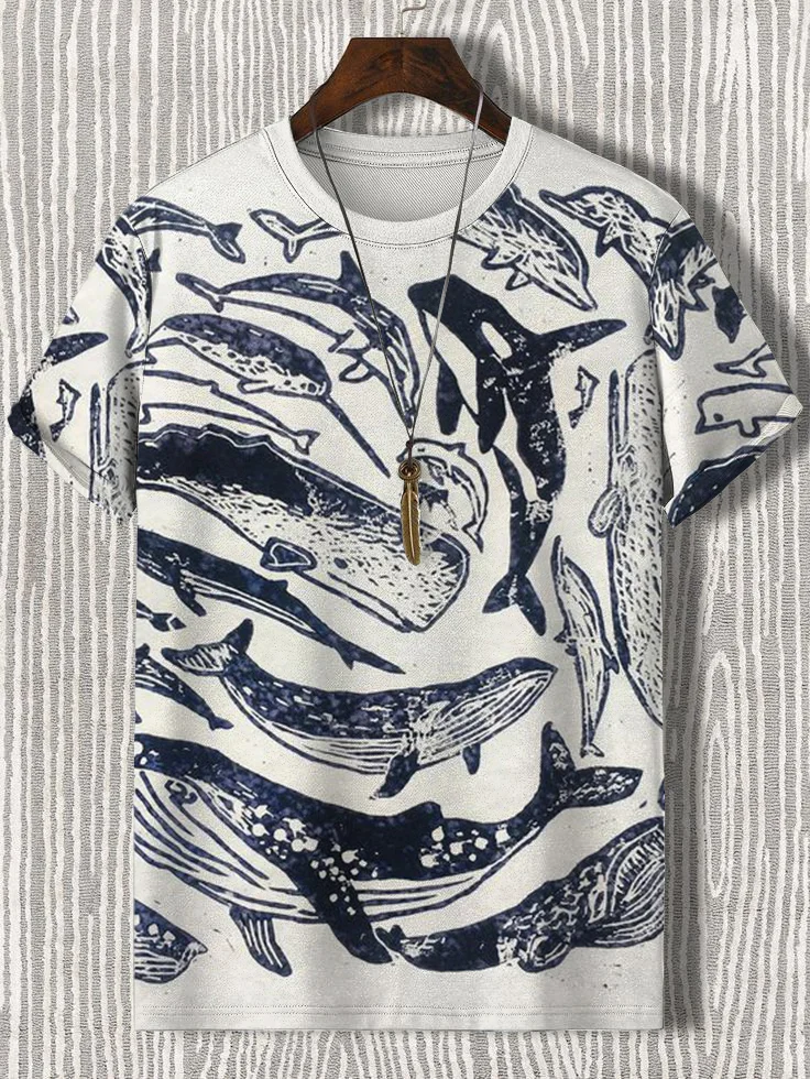 Men's Species Of Whales Japanese Lino Art Vintage Printed T-Shirt