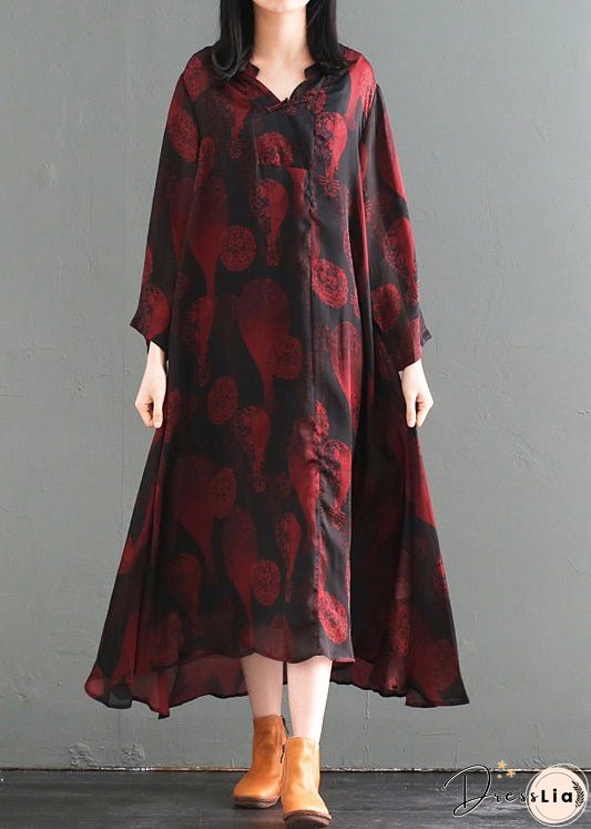Women Oversized Chinese Button Print Silk Long Dress Fall