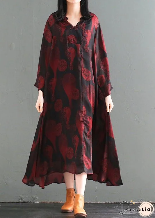 Women Oversized Chinese Button Print Silk Long Dress Fall