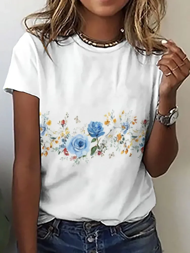 Printed Short Sleeve Casual T-shirt for  Women and Men Unisex Pattern Floral, Blue, Colorful