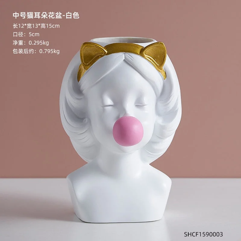 Nordic style girl flower pot plant resin flower pot rabbit ear/cat ear girl potted modern living room decoration decoration gift