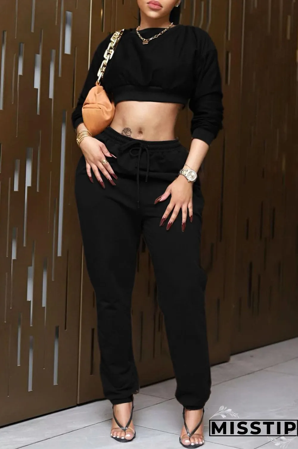 Coffee Fashion Casual Solid Basic O Neck Long Sleeve Two Pieces