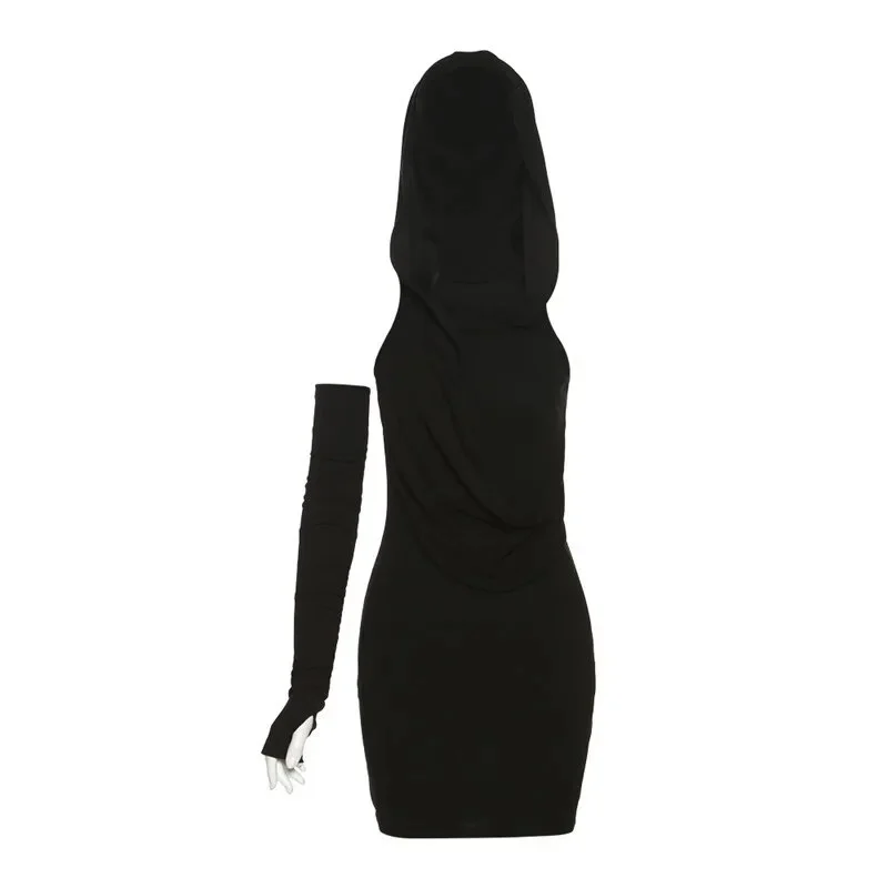 Mongw Cyber Y2k Punk Hooded Mini Dresses Gothic Glove Sleeve Skinny Sexy Dress Techwear Fashion Black Women Partywear