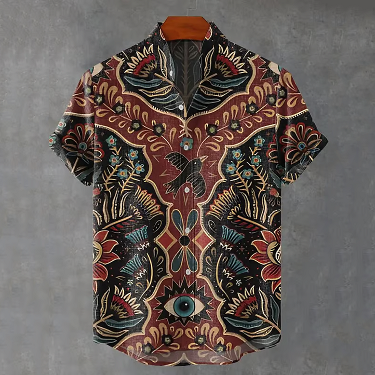 Simpfit Nachahmung aus Baumwolle und Leinen Herrenhemd im Vintage-Stil mit ethnischen Totem-Grafiken