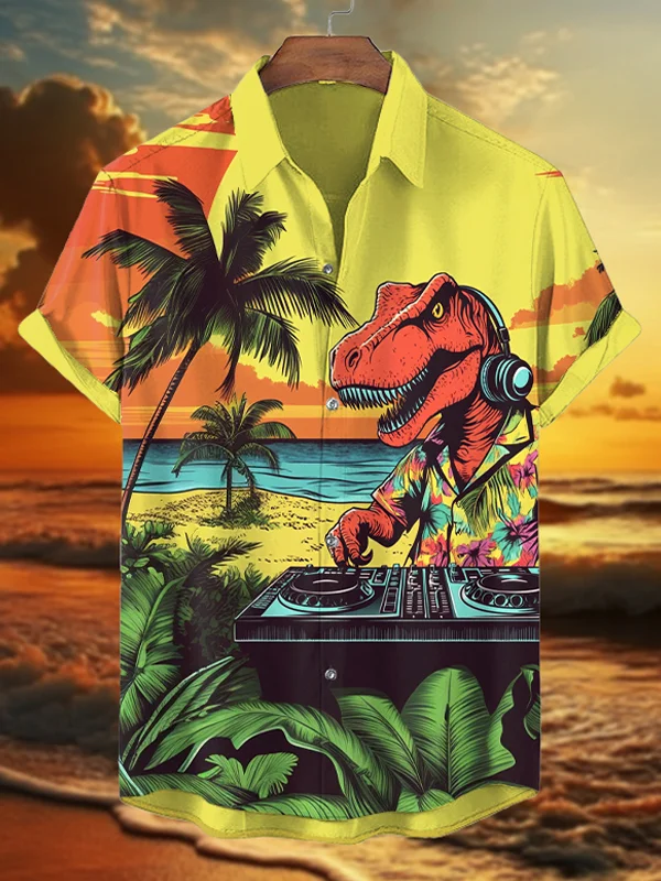 Men's Dinosaur DJ Sunset Beach Show Print Shirt