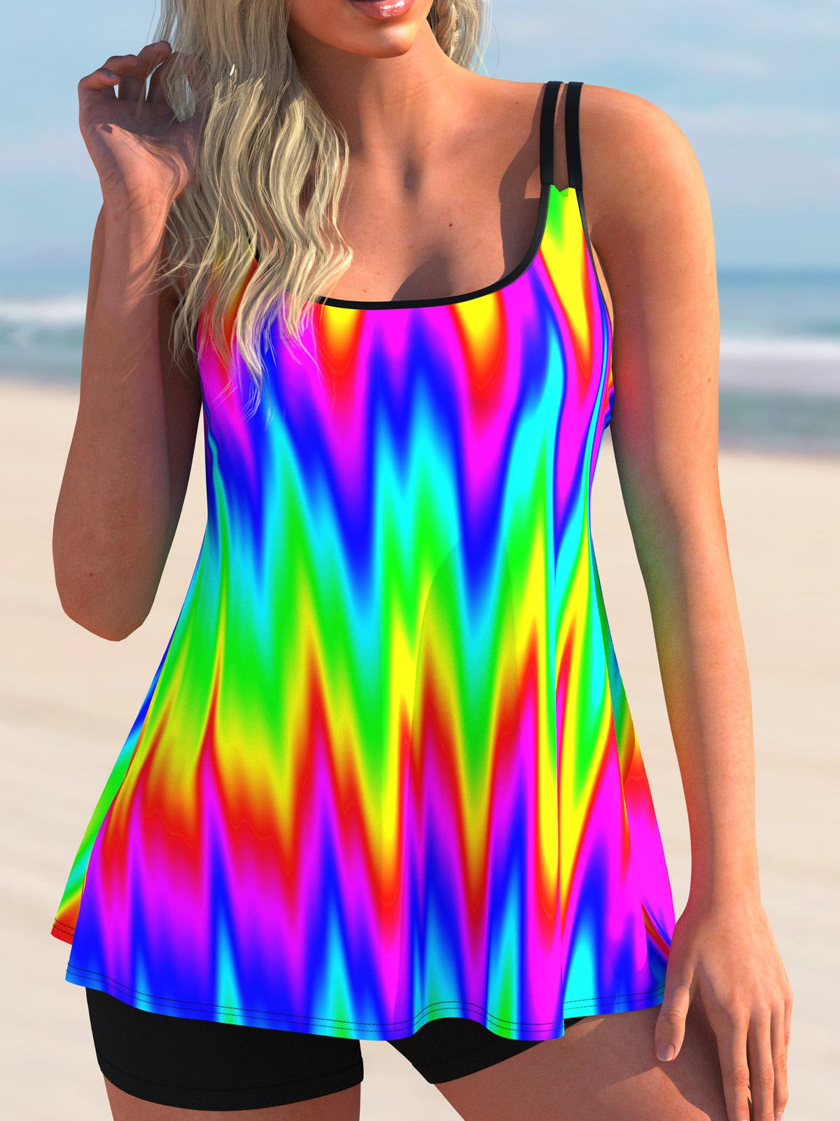 Plus Size Swimwear Sleeveless Colorblock Graphic Printed Tankini