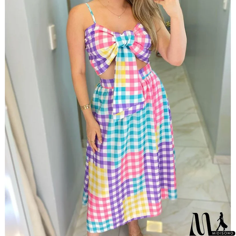 MidiSono - Fashion Sling Check Sleeveless Two-Piece Set