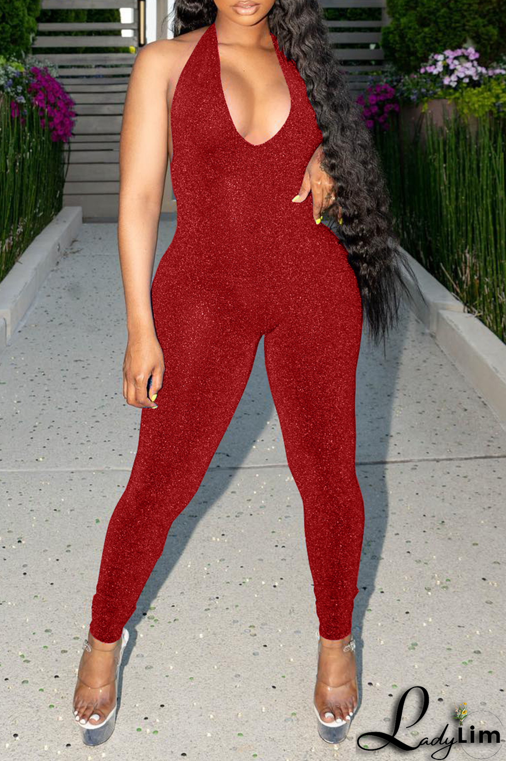 Pink Sexy Solid Patchwork Halter Skinny Jumpsuits