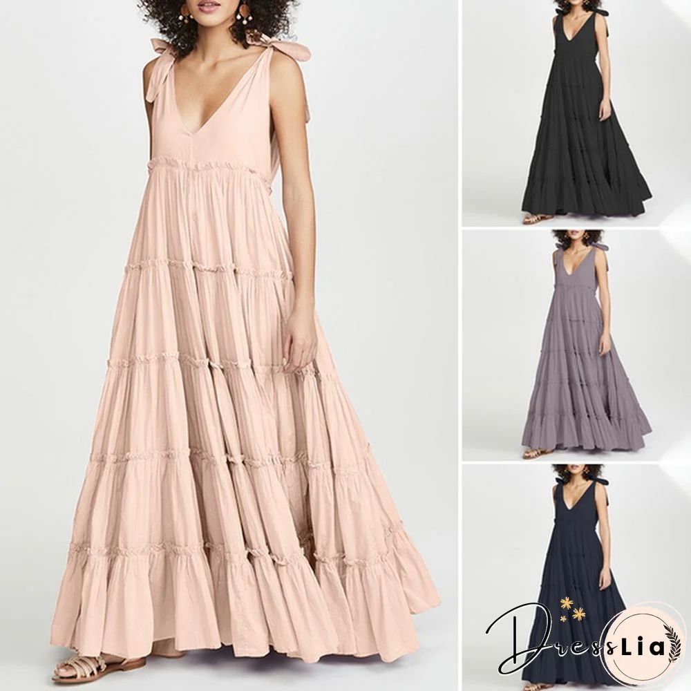 Women Sleeveless V Neck Sundress Tiered A-Line Maxi Dress Summer Dresses