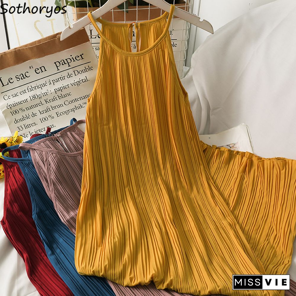 Dress Women Summer Retro Simple Chic Loose Off Shoulder Pleated Dresses Female Midi Sundress Trendy Sleeveless Vestidos Daily