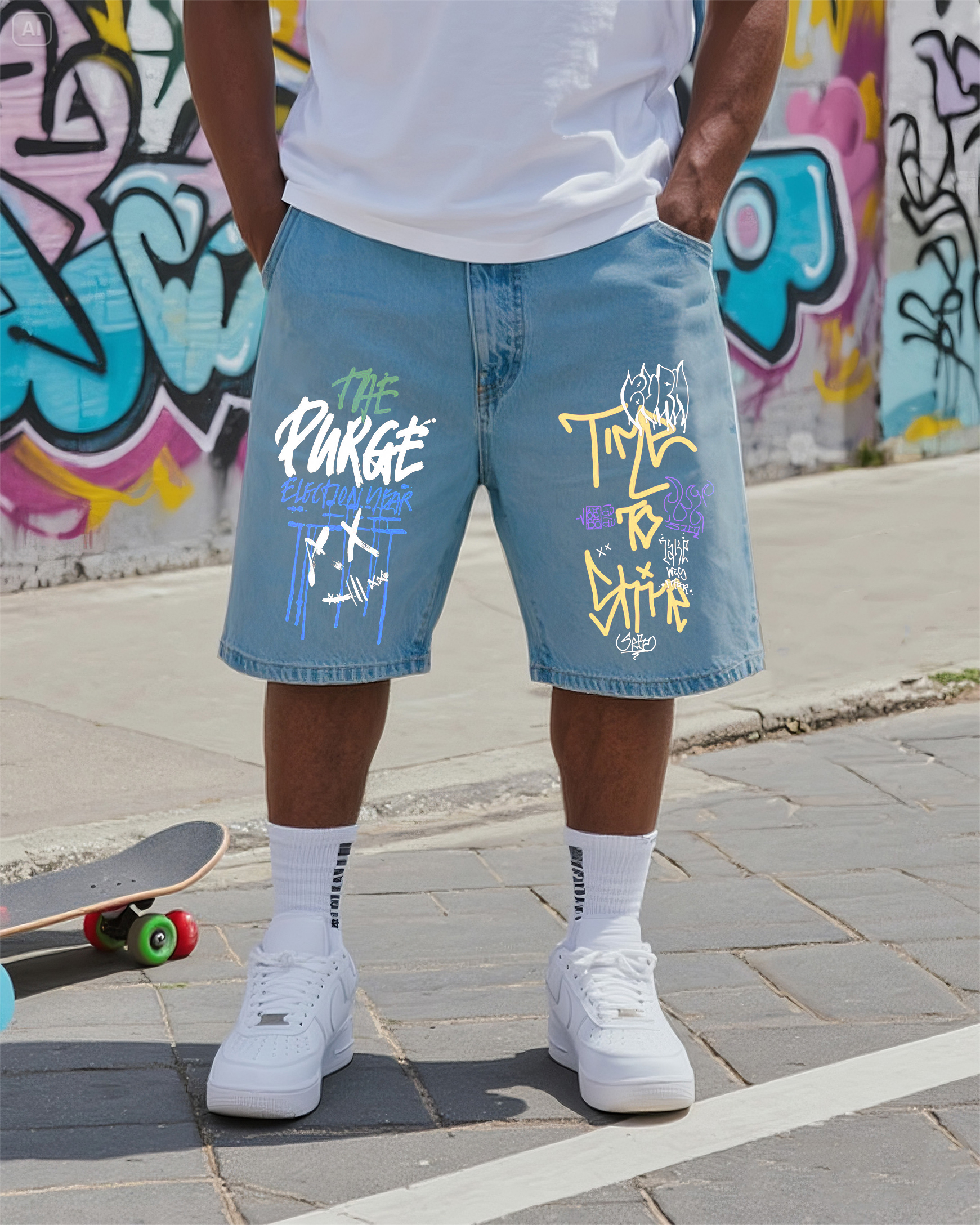 Big & Tall Men's Street Fashion Creative Graffiti Denim Shorts