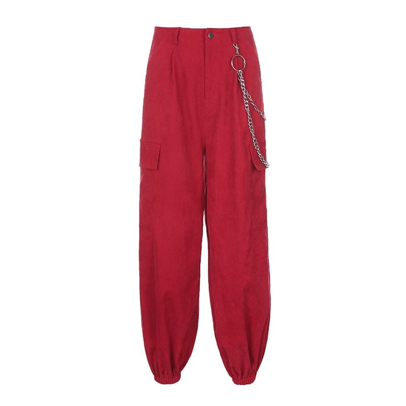 Rapcopter Y2K Red Pants Big Pockets Trousers Chain Zipper High Waist Cargo Pants Retro 90S Fashion Streetwear Women Autumn Pant