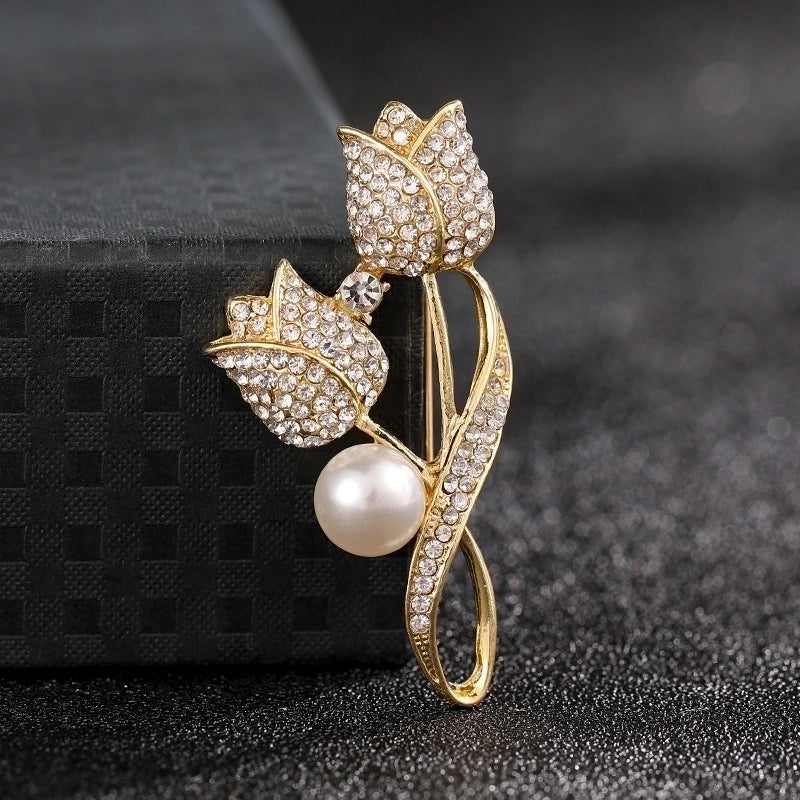 Fashion Pin Flower Alloy Plating Inlay Artificial Gemstones Pearl Women’S Brooches