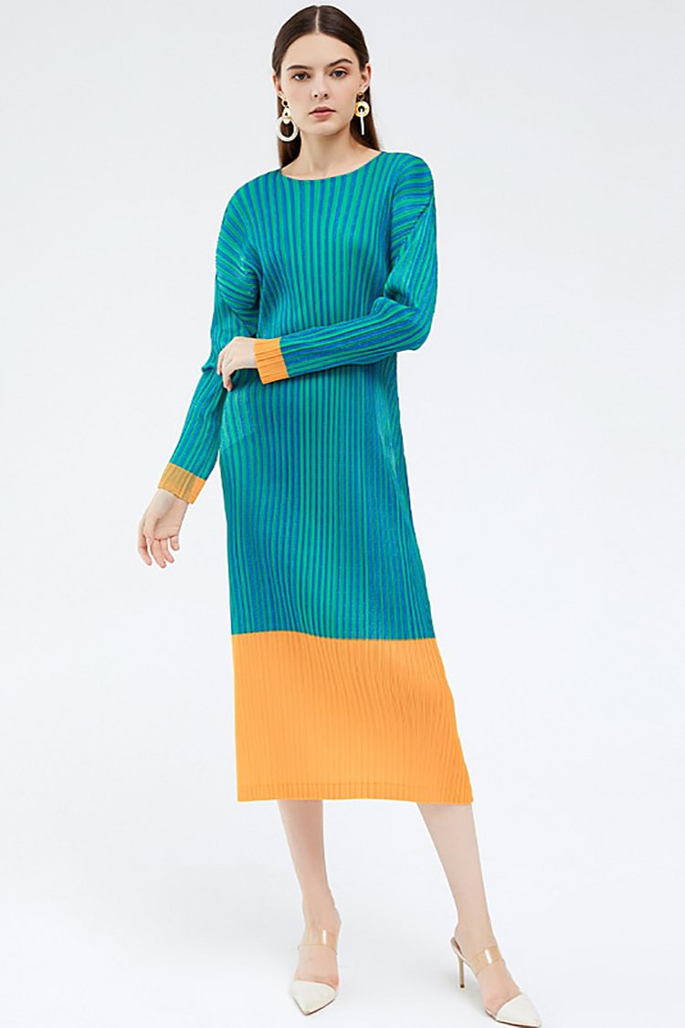 Colorblock Striped Long Sleeve Casual Midi Dresses